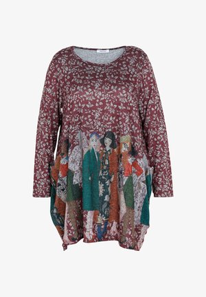 Top de manga larga color granate con un patrón floral claro y mujeres ilustradas en ropa de estilo vintage a todo color en la parte baja delantera.