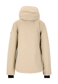 Beige, capuchonjack met een gladde textuur, voorzien van zwarte manchetten en naden. Achteraan is het eenvoudige, gestroomlijnde ontwerp te zien.