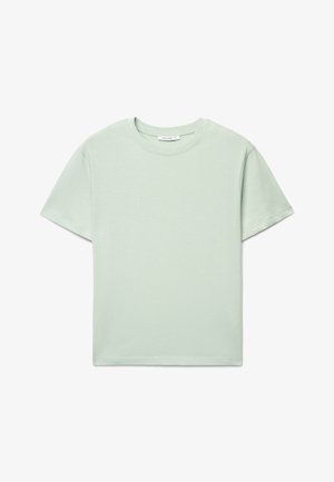 T-shirt verde chiaro a maniche corte con scollo rotondo e una piccola etichetta bianca sul collo, su sfondo bianco.