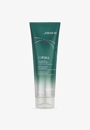 Vihreä ja hopea JOICO JOIFULL Volumizing -hoitoaineputki, 250 ml. Rakeinen pinta, logo ja tuotekuvastot painettuna valkoisella.