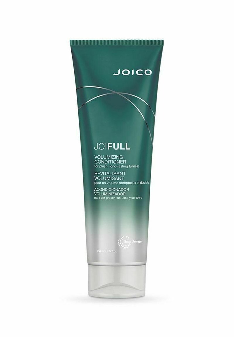 Grön och silverfärgad tube av JOICO JOIFULL Volumizing Conditioner, 250 ml. Texturerad yta, logotyp och produktinformation tryckt i vitt.