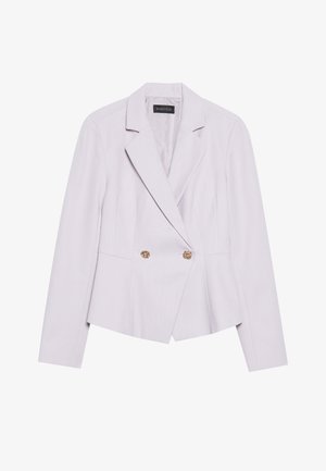 Light lavender blazer with a fitted cut, notched lapels, double-breasted design, and gold button accents, featuring a textured fabric.