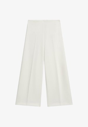 Weiße, weit geschnittene Hosen aus glattem Stoff mit zwei vorderen Falten, hohem Bund und sauberem, nahtlosem Design.