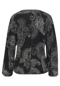 Langärmliges Oberteil aus schwarzem Stoff mit aufwendigen silbernen Paisleymustern, locker sitzend und mit rundem Halsausschnitt.