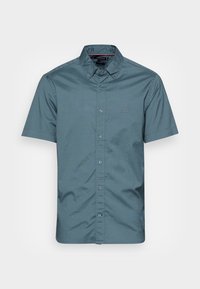 Camicia a maniche corte con bottoni in teal, realizzata in tessuto liscio. Presenta un colletto button-down, un logo sul petto e un design a vestibilità normale.