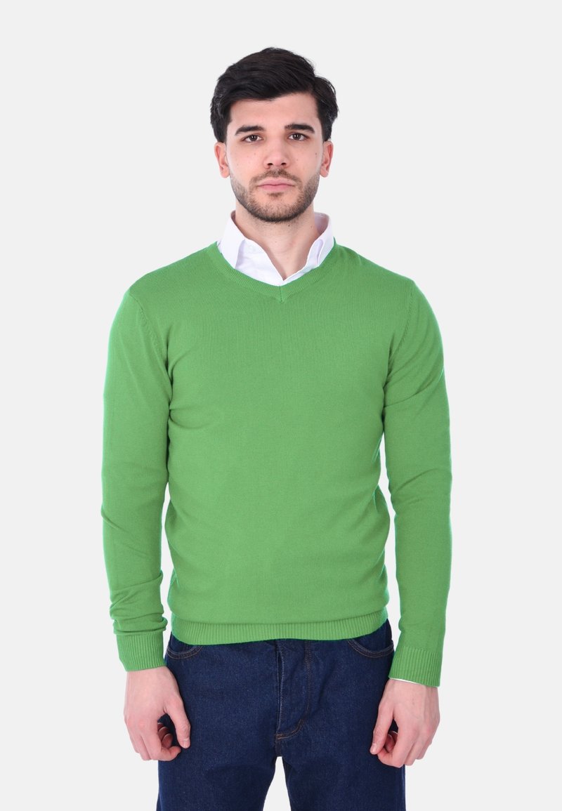 Maglione verde lavorato a maglia con scollatura a V, maniche lunghe e polsini a coste. Abbinato a jeans in denim scuro. Colore solido, texture liscia.