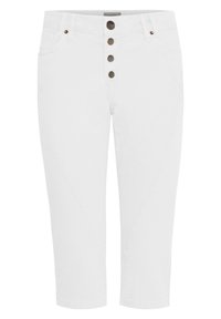 Pantalons blancs raccourcis en mélange de coton, dotés d'une fermeture à cinq boutons à l'avant, de coutures latérales en biais et de deux poches avant avec des accents en métal.