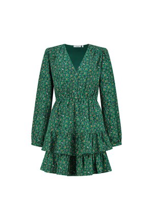 Groene bloemenjurk met lange mouwen, V-hals en een verzamelde elastische taille. Heeft gelaagde ruches aan de zoom en kleine knoopaccenten.