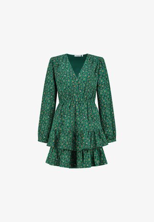 Zöld virágmintás ruha hosszú ujjakkal, V-nyakkivágással és gumírozott derékkal. A szegélyén rétegezett fodrok és apró gombdíszek találhatók.