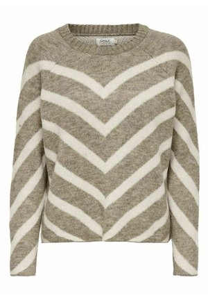 Pull en tricot gris clair avec des rayures en zigzag blanches, col rond et manches longues. Texture douce et coupe décontractée avec des poignets côtelés.