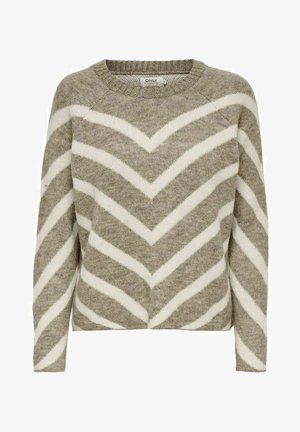 Maglione lavorato a maglia grigio chiaro con strisce a zigzag bianche, scollatura rotonda e maniche lunghe. Texture morbida e vestibilità rilassata con polsini a coste.