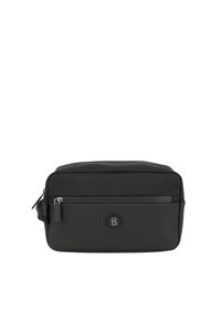 Bolso mensajero negro con una parte superior de tejido texturizado, parte inferior lisa, bolsillo delantero con cremallera y un acento de logo en el centro. Forma compacta y rectangular.