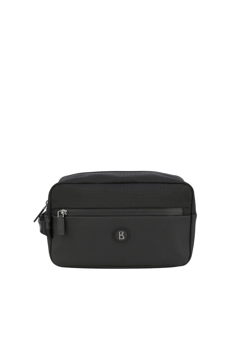 Bolso mensajero negro con una parte superior de tejido texturizado, parte inferior lisa, bolsillo delantero con cremallera y un acento de logo en el centro. Forma compacta y rectangular.