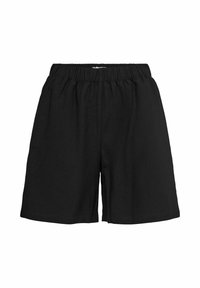 Pantaloni corti neri in cotone con elastico in vita, vestibilità ampia e cuciture piatte. Presentano un design semplice senza accenti o motivi aggiuntivi.