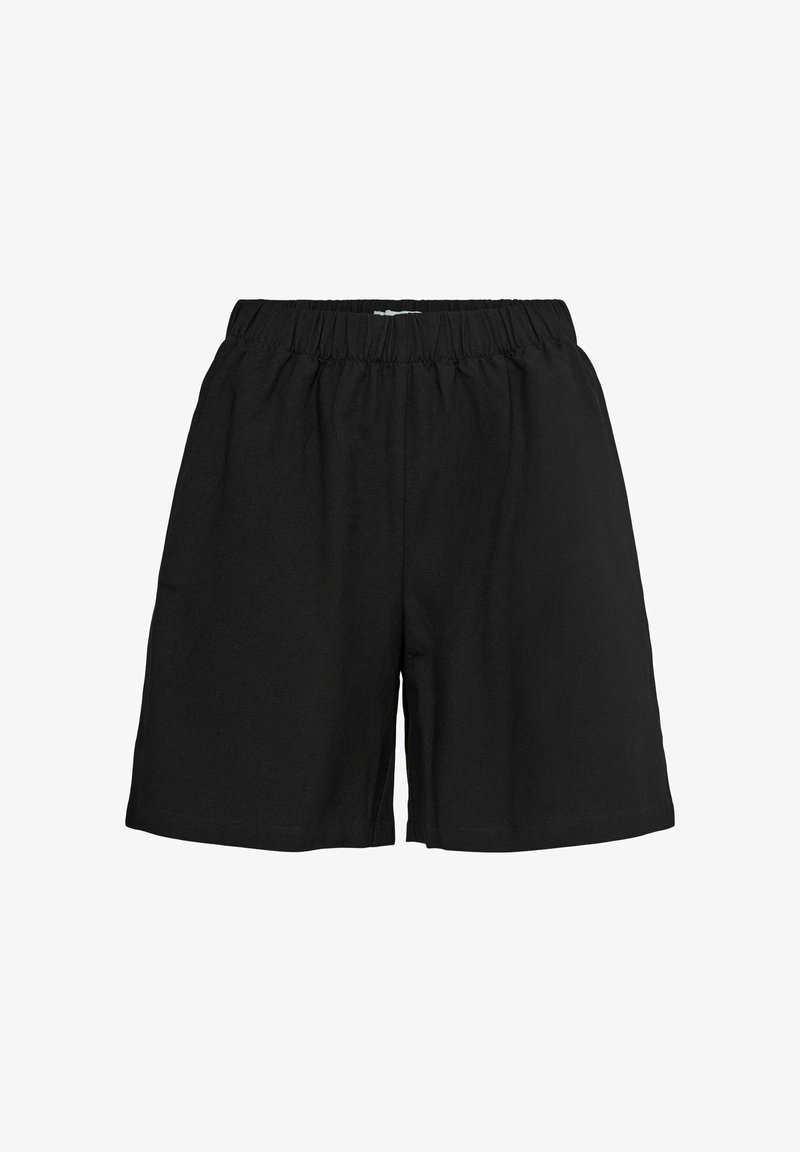 Shorts en coton noir avec une taille élastique, coupe ample et coutures plates. Présente un design simple sans accents ni motifs supplémentaires.