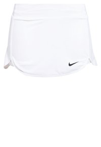 Jupe de sport blanche avec une texture lisse, présentant un ourlet incurvé et un logo Nike noir en bas à droite.