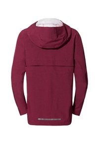 Giacca impermeabile bordeaux con cappuccio, maniche lunghe, striscia riflettente sull'orlo e un'apertura sul retro per la ventilazione. Tessuto testurizzato.