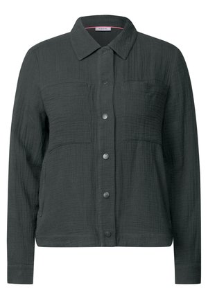 Chemise boutonnée gris foncé en tissu texturé. Dotée d'un col, de deux poches poitrine et de manches longues avec des poignets à boutons.