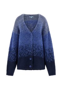 Gebreid vest in verschillende tinten blauw, met een V-hals, lange mouwen, knoopsluiting en een gestructureerd patroon aan de zoom.