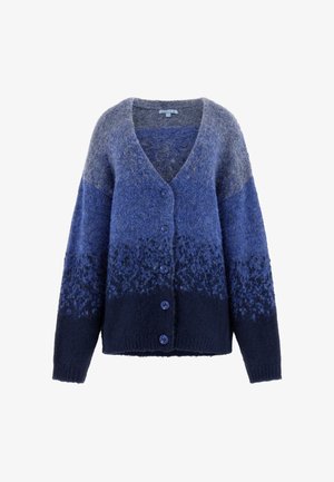 Dziany kardigan w różnych odcieniach niebieskiego, z dekoltem w serek, długimi rękawami, zapięciem na guziki oraz teksturowanym wzorem na dole.