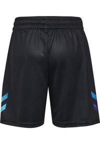 Svarta idrottsshorts tillverkade av slät tyg, med ett elastiskt midjeband och blå gradiente ränder på sidorna.