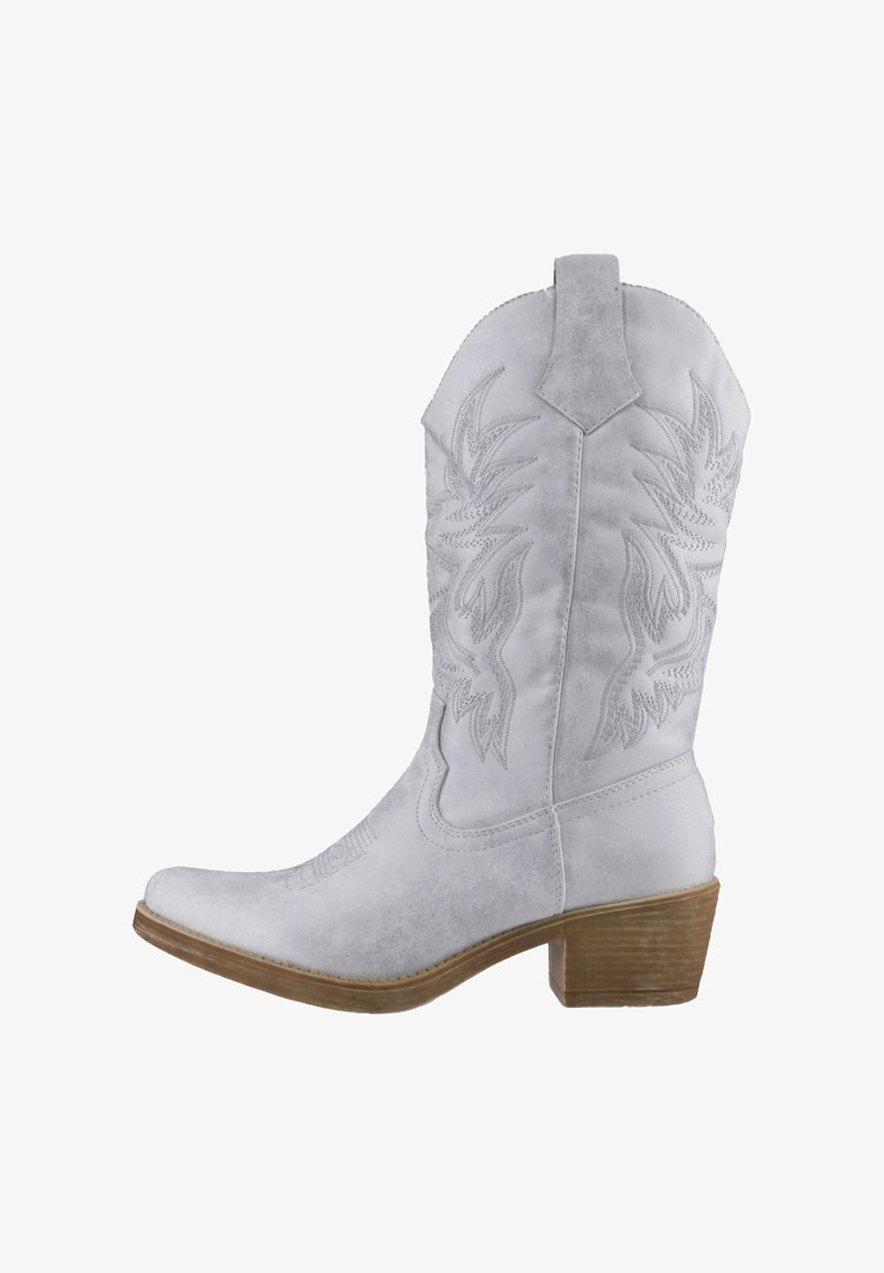 Stivale da cowboy in suede bianco con punta affusolata e tacco impilato di 5 cm. Presenta motivi ricamati a foglia sulla parte superiore.