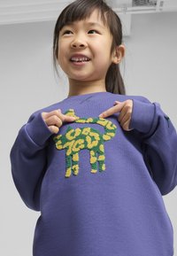Sudadera morada con un diseño texturizado de animal en verde y amarillo en la parte frontal. Los puños son de canalé y el escote es de tipo crew.