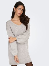 Light grey knitted sweater dress with a V-neck, balloon sleeves, and ribbed cuffs, featuring a loose, oversized fit.