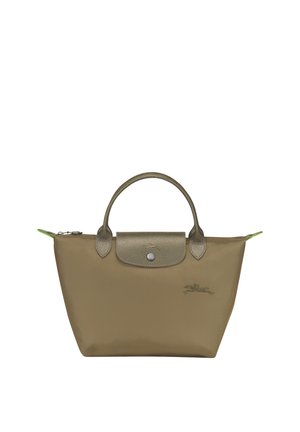 Olive green nylon tote bag with a textured leather handle, silver hardware, and a zip closure. Features an embossed logo on the front.