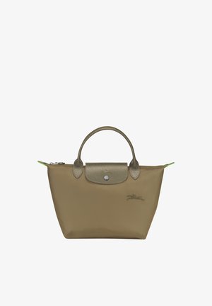 Olive green nylon tote bag with a textured leather handle, silver hardware, and a zip closure. Features an embossed logo on the front.