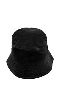 Black corduroy bucket hat with a textured surface, round crown, and wide, downward-sloping brim. No additional patterns or accents.