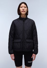 Black quilted jacket with a high collar, front zip closure, two front pockets, and elastic cuffs. Smooth texture with a puffy design.