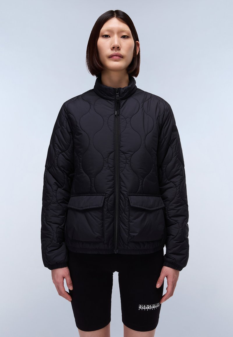 Black quilted jacket with a high collar, front zip closure, two front pockets, and elastic cuffs. Smooth texture with a puffy design.
