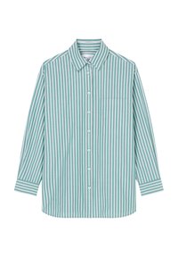 Camicia a righe verdi e bianche con colletto, maniche lunghe, una tasca sul petto e chiusura con bottoni davanti.