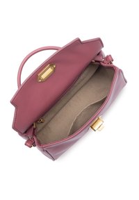 Borsa strutturata in pelle color malva con manico superiore. Presenta una chiusura in tono oro e una fodera interna in tessuto chiaro. L'apertura rivela uno spazioso scomparto.