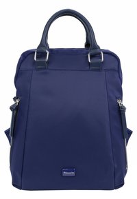 Marinblå ryggsäck med två handtag upptill, sidofickor med dragkedja och en frontplatta med logotyp, tillverkad av slät textil.