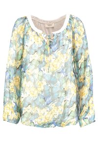 Blomstret bluse med lange ærmer, let stof, der har en blanding af gule, blå og grønne blomster. Afsluttet med rund halsudskæring og bånddetalje.