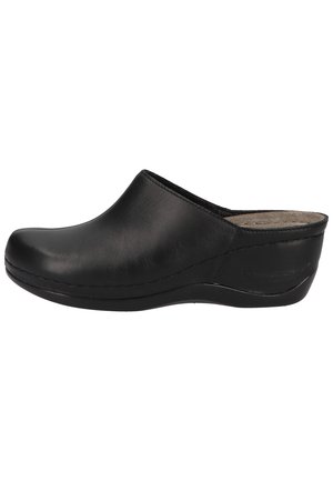 Schwarze Lederclogs mit abgerundeter Zehenpartie, glatter Oberfläche, niedrigem Absatz und weicher Innenauskleidung; genähtes Detail an den Seiten.