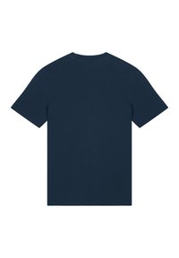 Marineblauwe katoenen t-shirt met korte mouwen, ronde hals en een gladde textuur. De achterkant heeft geen graphics of accenten.