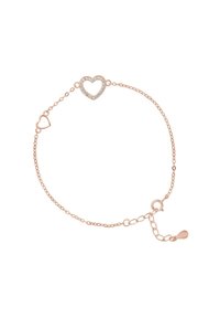 Rose gold bracelet featuring two heart shapes; one heart is open with clear stones, and the other is solid. Adjustable chain with clasp.