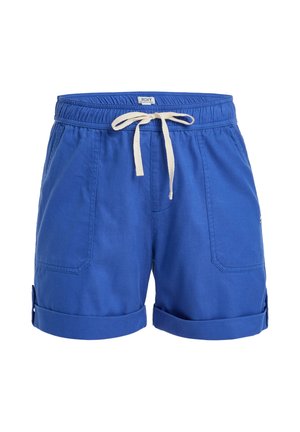 Blaue Baumwollshorts mit einem Kordelzugbund, umgeschlagenen Säumen und Seitentaschen. Mit einem kleinen Logodetail an der Seite.
