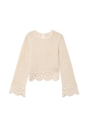 Roomkleurige lange mouw gehaakte top met geschulpte ronde kanten afwerking aan de zoom en manchetten, en een kleine sleutelgatknopsluiting bij de halslijn.