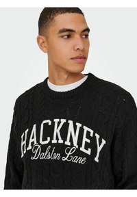 Schwarzer Strickpullover mit einem Kabelstrickdesign und weißer "HACKNEY Dalston Lane" Schriftzug auf der Vorderseite, runder Halsausschnitt.