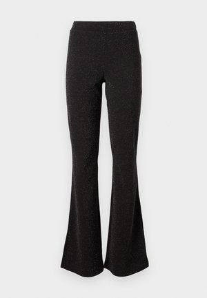 Black flared pants made of a sparkly fabric. They have a wide waistband and a smooth texture with flaring from the knee to the hem.