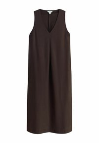 Robe midi sans manches marron foncé avec col en V et pli central devant, confectionnée en tissu lisse.