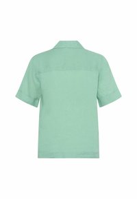 Chemise verte menthe à manches courtes avec poignets repliés et col classique, vue de dos sur fond blanc.
