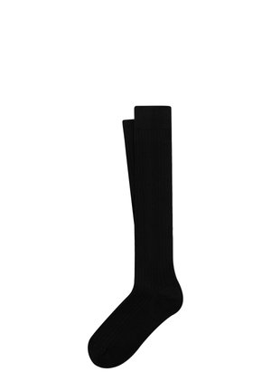 Calzini neri al ginocchio con una texture a coste e un colore uniforme. Realizzati in un materiale morbido, presentano un bordo superiore liscio e aderente.