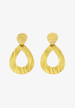 Gold-tone textured drop earrings with a teardrop outline and matching smaller teardrop studs.