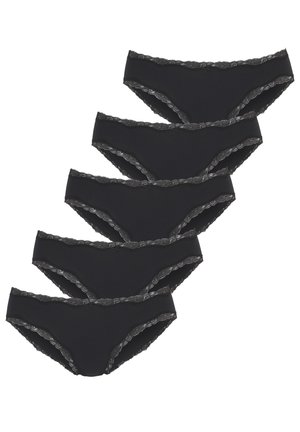 Schwarze Unterhosen mit Spitzenbesatz, gefertigt aus einem glatten, dehnbaren Stoff. Set aus fünf Stück mit einem niedrigen Schnitt und gewellten Spitzenakzenten am Bündchen.