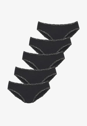 Schwarze Unterhosen mit Spitzenbesatz, gefertigt aus einem glatten, dehnbaren Stoff. Set aus fünf Stück mit einem niedrigen Schnitt und gewellten Spitzenakzenten am Bündchen.